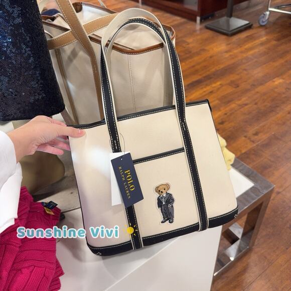 NWT POLO Ralph Lauren Small Polo Bear Canvas Tote Bag Cotton ECRU/BLACK